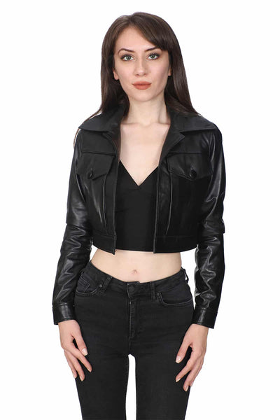 Women's 100% Real Black Leather Cropped Length Jacket
