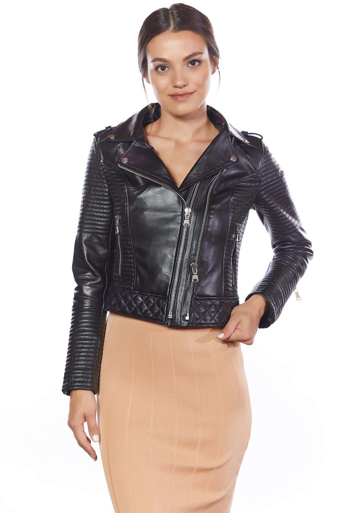 Women's 100% Real Black Leather Biker Style Jacket