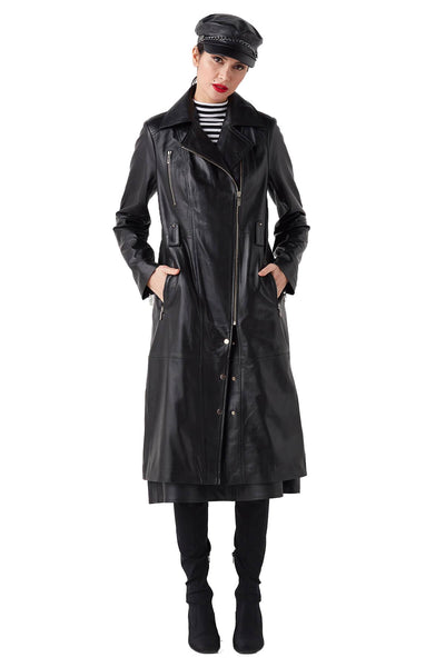 Roza Women's 100% Real Black Leather Stylish Trench Coat