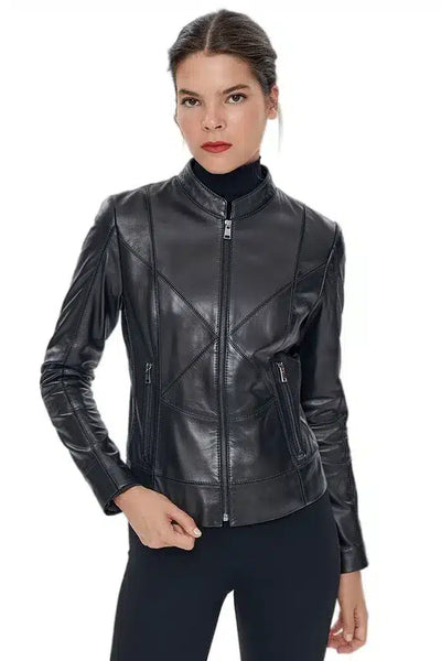 Tiffany Women's 100% Real Black Leather Cafe Racer Stitch Lines Jacket
