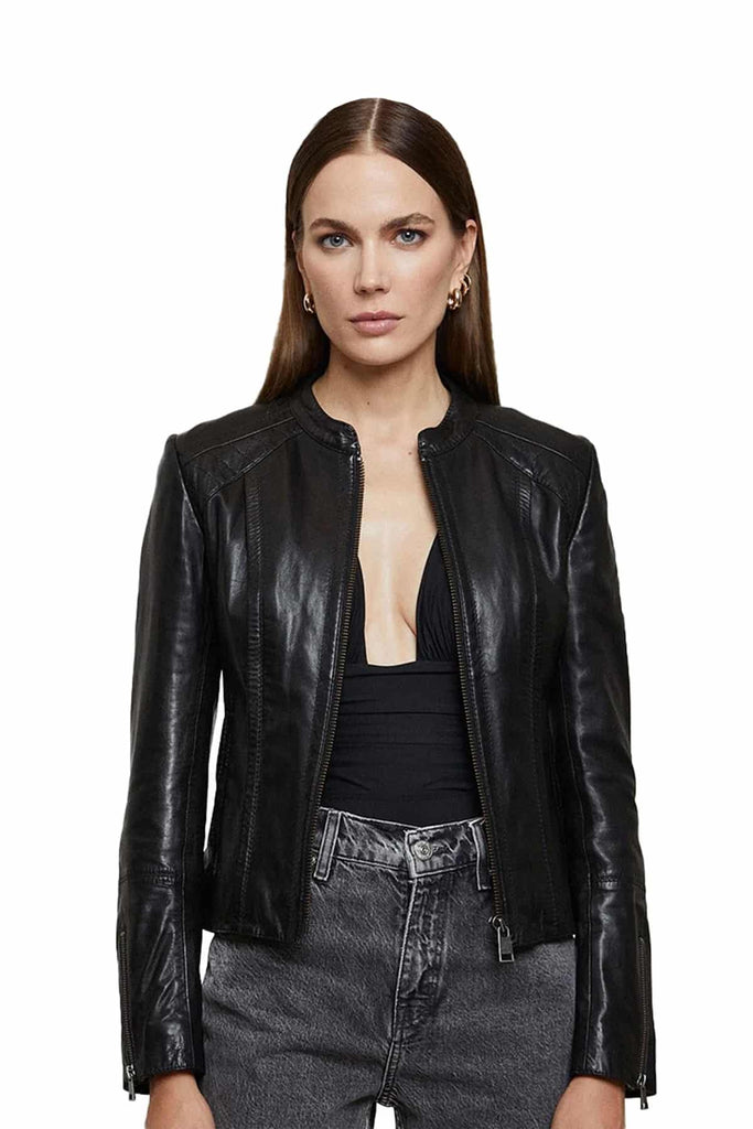 Women's 100% Real Black Leather Cafe Racer Slim Fit Jacket