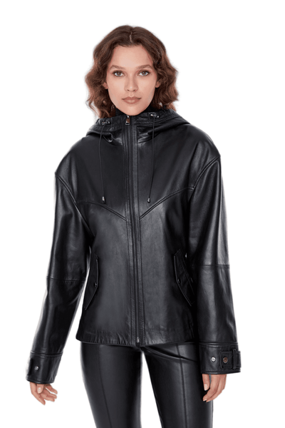 Darlen Women's 100% Real Black Leather Oversized Hooded Jacket