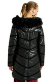 Mya Women's 100% Real Black Leather Faux Fur Hooded Long Coat
