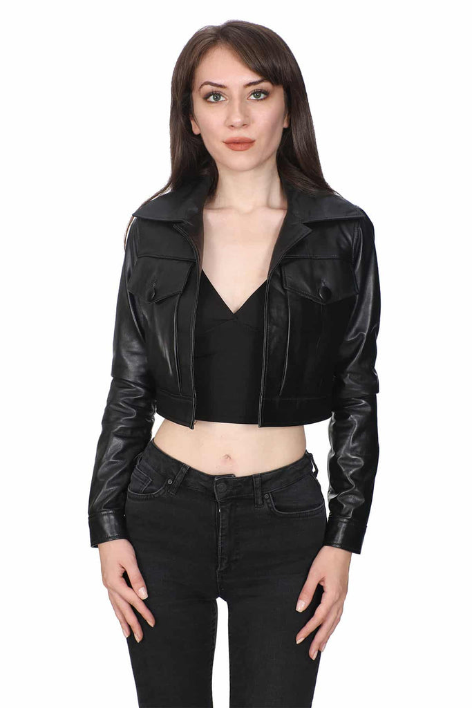 Women's 100% Real Black Leather Cropped Length Jacket