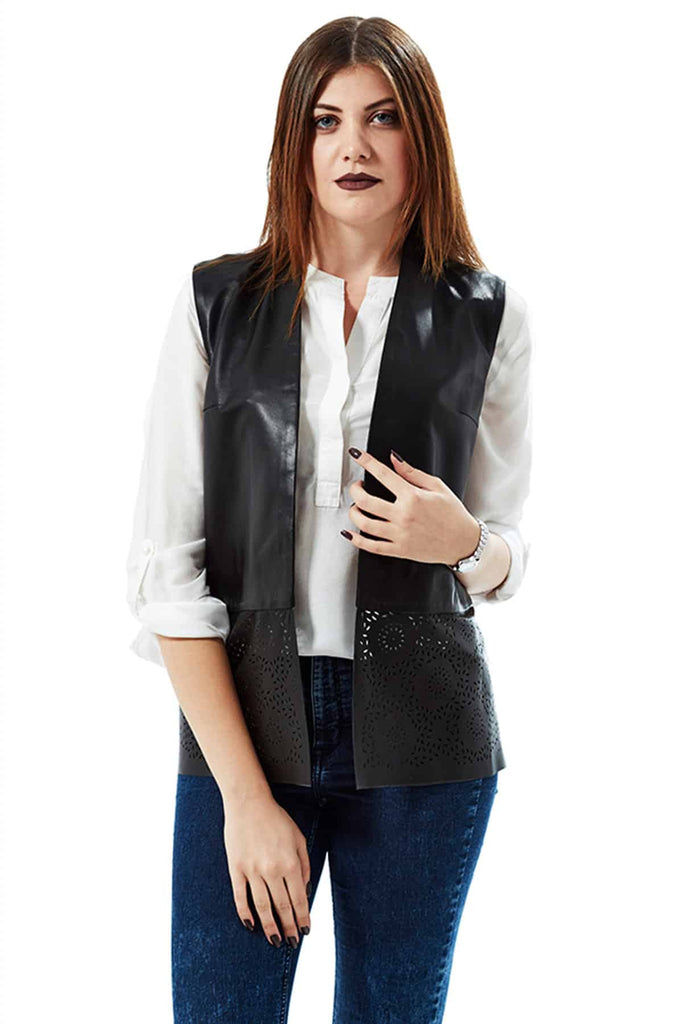 Jenna Women's 100% Real Black Leather Embroidered Vest