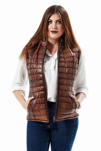 Nita Women's 100% Real Black and Brown Leather Double Face Puffer Vest