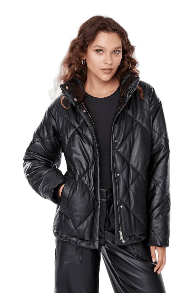 Madrid Women's 100% Real Black Leather Oversized Puffer Jacket