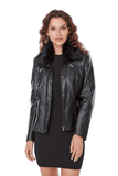Belinda Women's 100% Real Black Leather Fur Collar Jacket