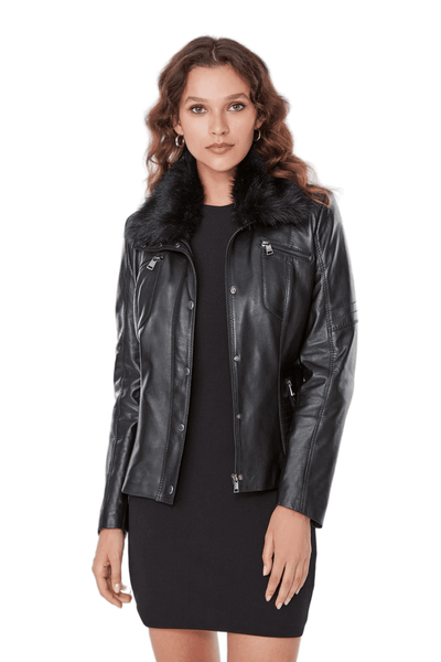Belinda Women's 100% Real Black Leather Fur Collar Jacket