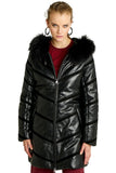 Mya Women's 100% Real Black Leather Faux Fur Hooded Long Coat