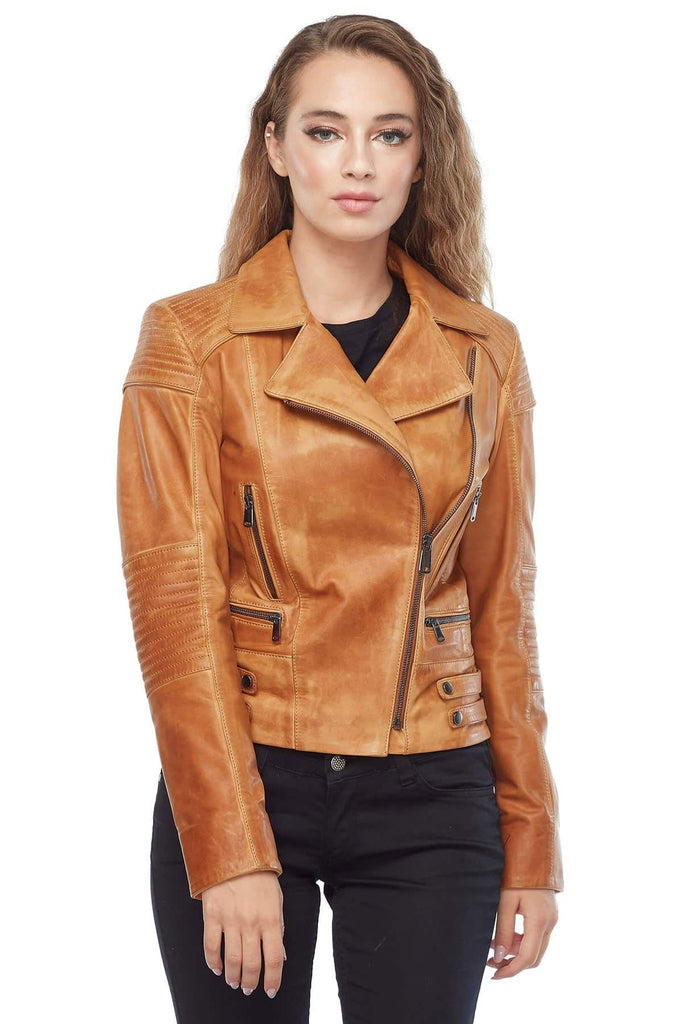 Women's 100% Real Distressed Brown Leather Abigail Biker Jacket