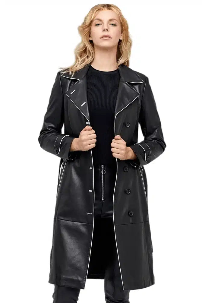 Anastasia Women’s 100% Real Black Leather Double Breasted Trench Coat