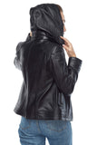 Women's 100% Real Black Leather Arden Hooded Jacket