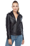 Women's 100% Real Black Leather Arden Hooded Jacket