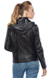 Women's 100% Real Black Leather Arden Hooded Jacket