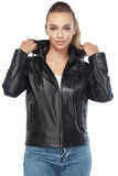 Women's 100% Real Black Leather Arden Hooded Jacket