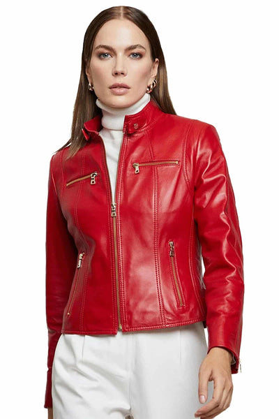 Aubrey Women's 100% Real Red Leather Biker Buttery Jacket