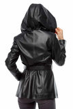 Women's 100% Real Black Leather Hooded Belted Coat