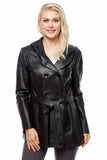 Women's 100% Real Black Leather Hooded Belted Coat