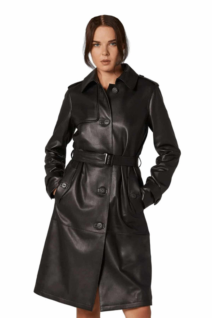 Women's 100% Real Black Long Knee-Length Leather Coat