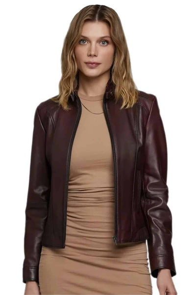 Nara Pellman Women's 100% Real Dark Brown Leather Brando Style Jacket