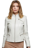 Caroline Women's 100% Real Platinum White Leather Cafe Racer Jacket