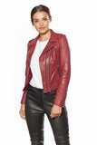 Women's 100% Real Claret Red Leather Biker Style Jacket