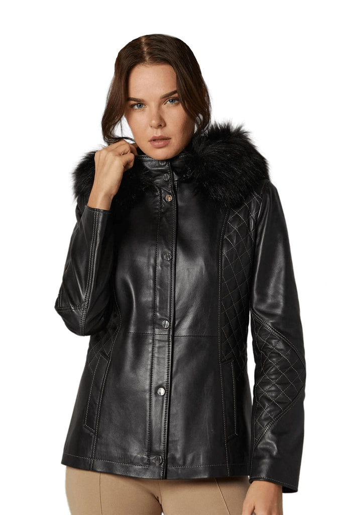 Women's 100% Real Black Leather Hooded Dazzling Jacket