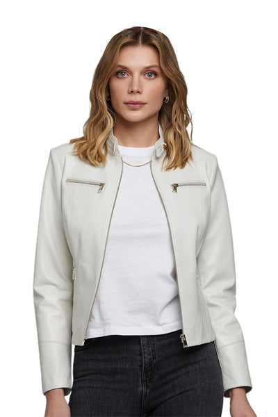 Estee Lalonde Women's 100% Real Beige Leather Biker Jacket