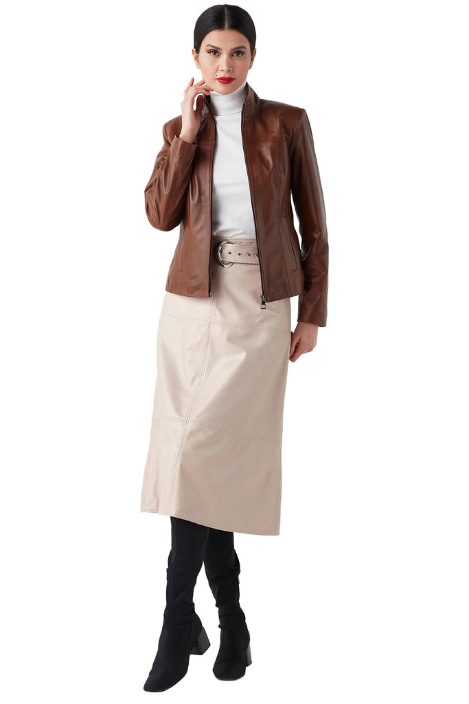 Gizem Women's 100% Real Tan Leather Classic Jacket