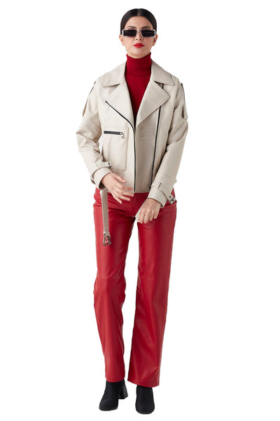 Ines Women's 100% Real Beige Leather Classic Jacket