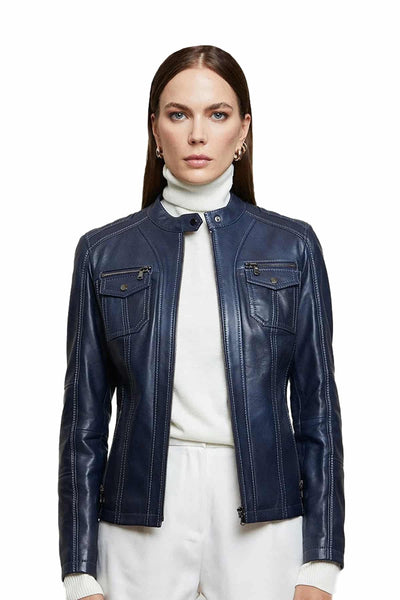Isla Women's 100% Real Insignia Blue Leather Buttery Soft Jacket
