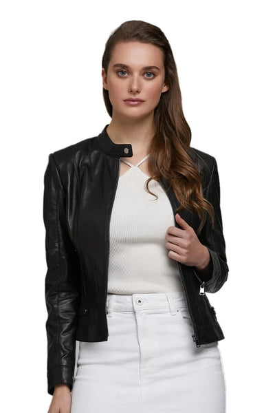 Josephine Skriver Women's 100% Real Black Leather Moto Style Jacket