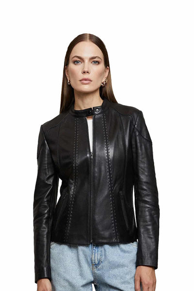 Julia Women's 100% Real Black Leather Classy Biker Crop Jacket