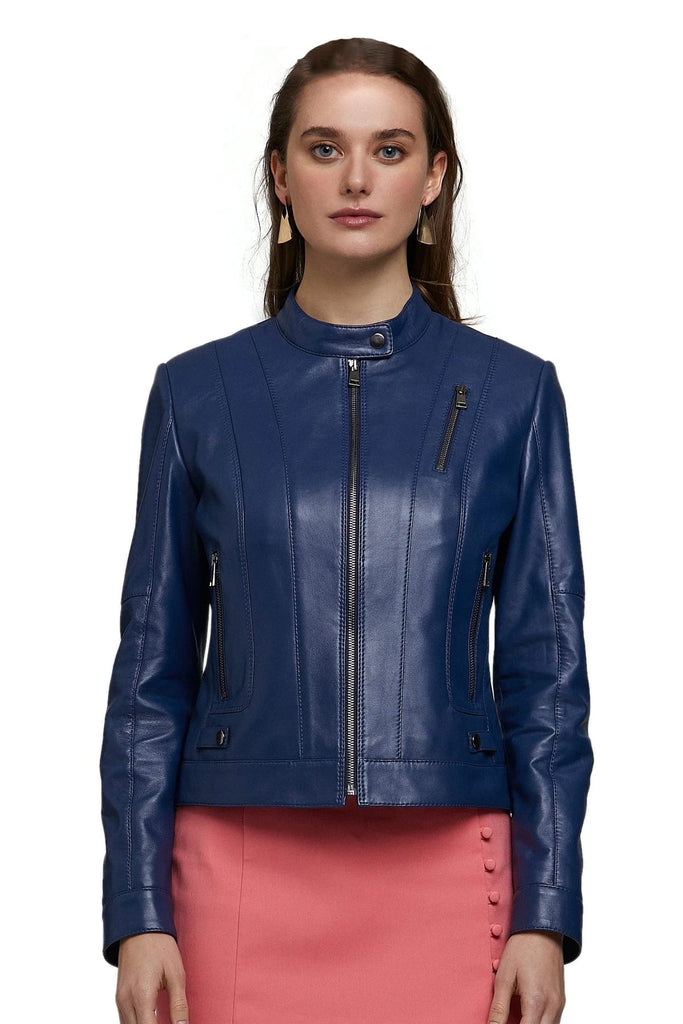Karlie Kloss Women's 100% Real Navy Blue Leather Modern Jacket