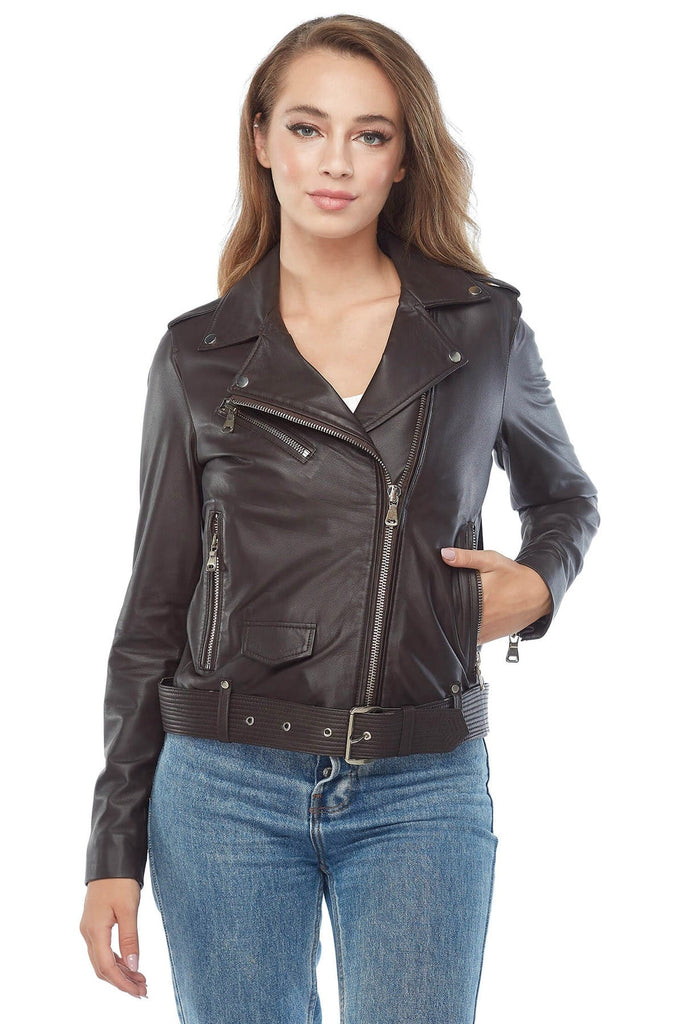 Katharine Women's 100% Real Brown Leather Biker Jacket