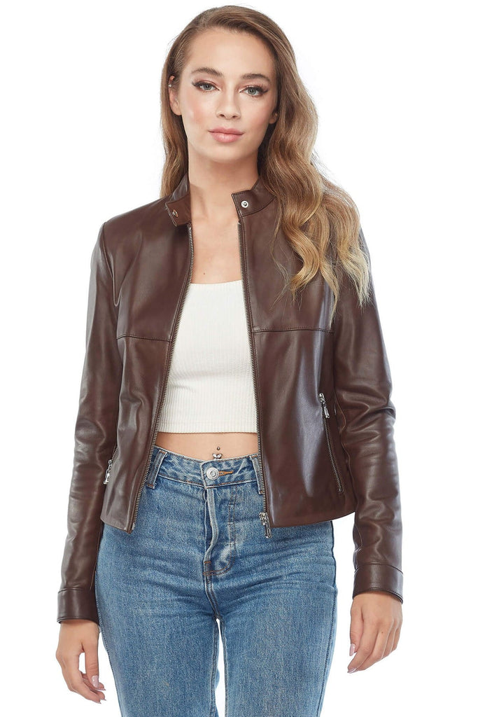 Madison Women's 100% Real Brown Leather Moto Jacket