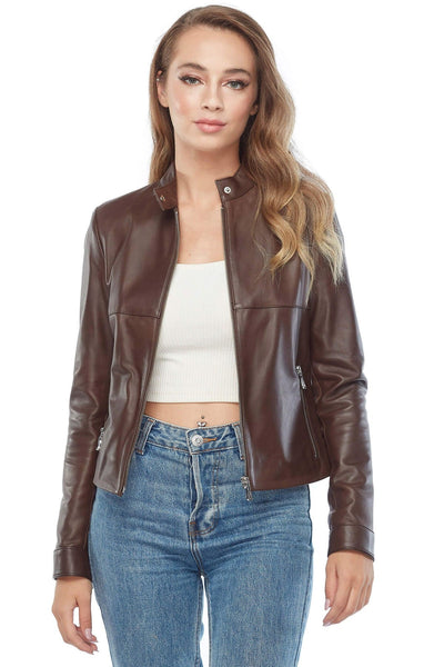 Madison Women's 100% Real Brown Leather Moto Jacket