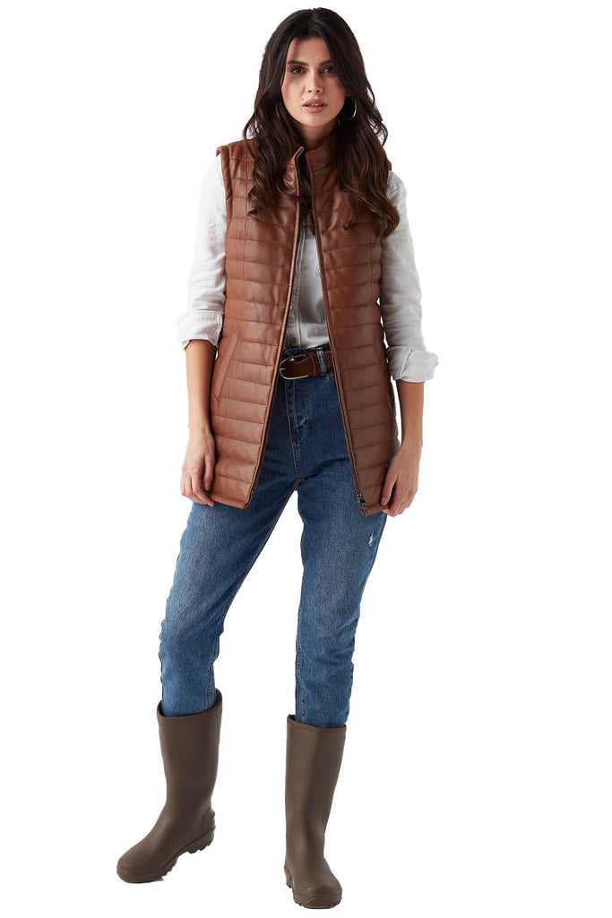 Maya Women's 100% Real Tan Leather Long Vest