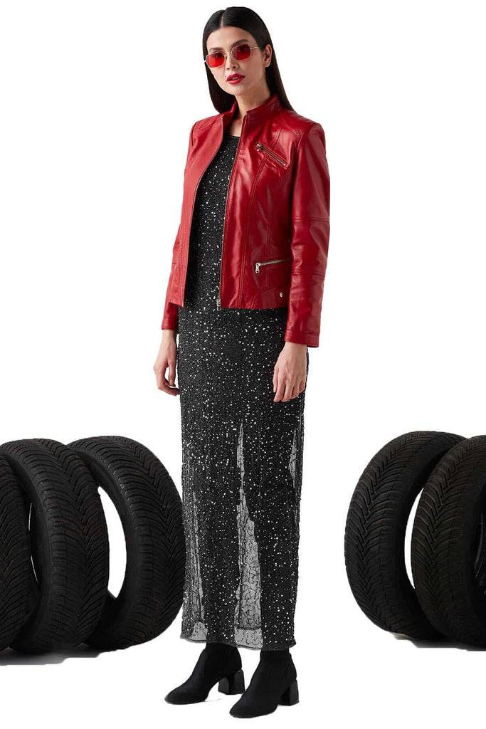 Olivia Women's 100% Real Red Leather Sports Slim Fit Jacket