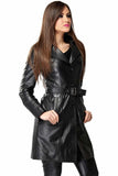 Women's 100% Real Black Leather Pointed Trench Coat