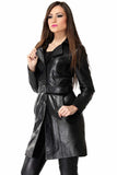 Women's 100% Real Black Leather Pointed Trench Coat