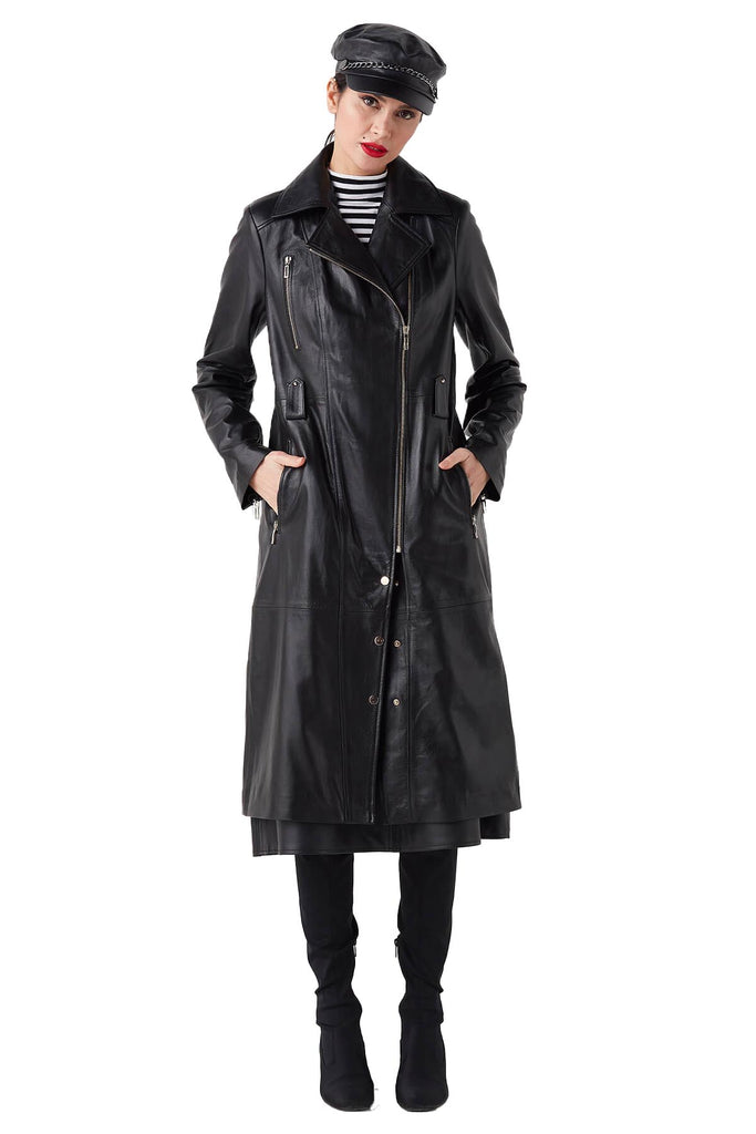 Roza Women's 100% Real Black Leather Stylish Trench Coat
