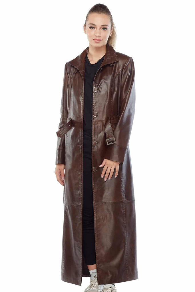 Skyler Women's 100% Real Brown Leather Long Coat
