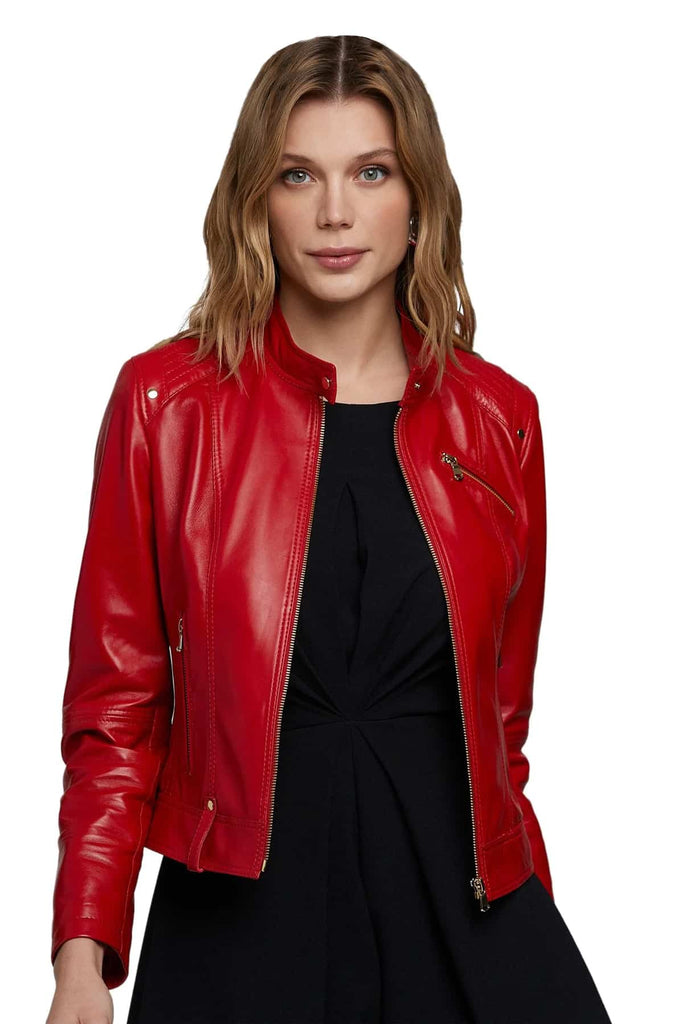 Emily Canham Women's 100% Real Red Leather Sport Style Jacket