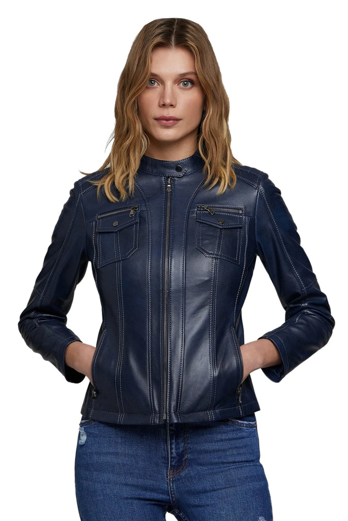 Women's 100% Real Navy Blue Leather Biker Style Jacket