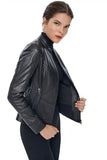Tiffany Women's 100% Real Black Leather Cafe Racer Stitch Lines Jacket