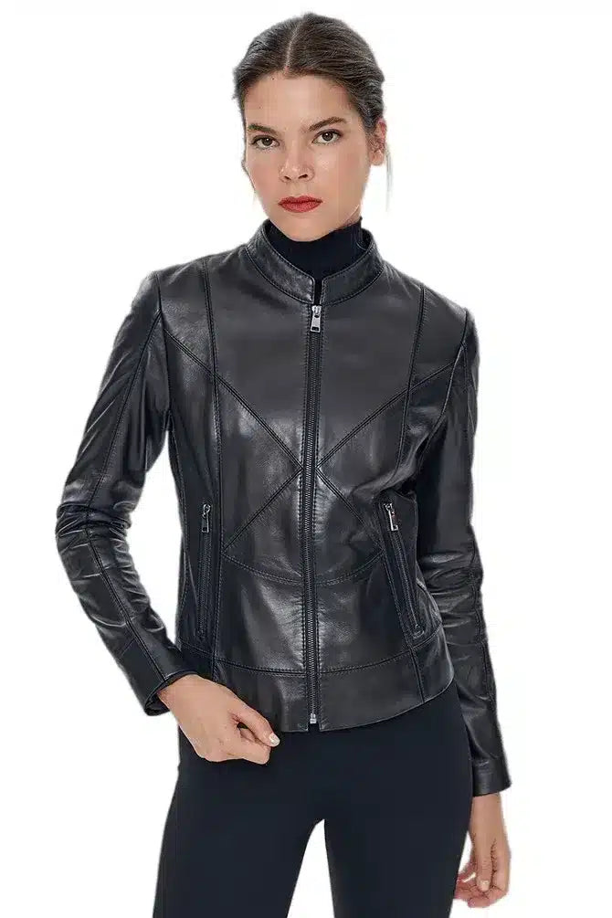 Tiffany Women's 100% Real Black Leather Cafe Racer Stitch Lines Jacket