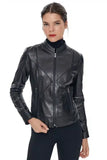 Tiffany Women's 100% Real Black Leather Cafe Racer Stitch Lines Jacket
