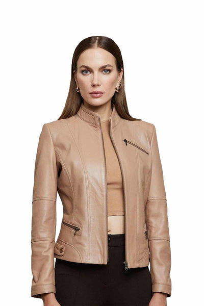 Madelyn Women's 100% Real Fossil Tan Leather Moto Cafe Racer Jacket